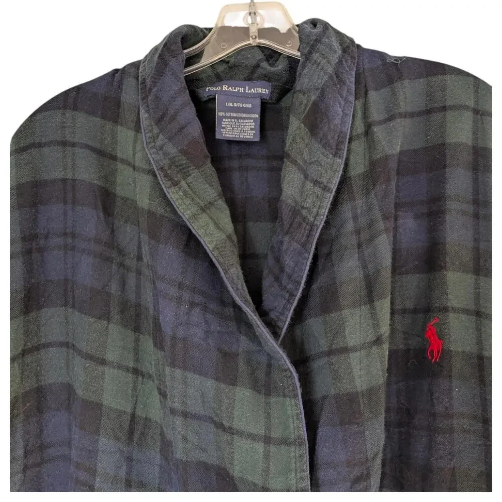 Polo Ralph Lauren Robe Mens Large Green Navy‎ Plaid Cotton Flannel Belted Lounge